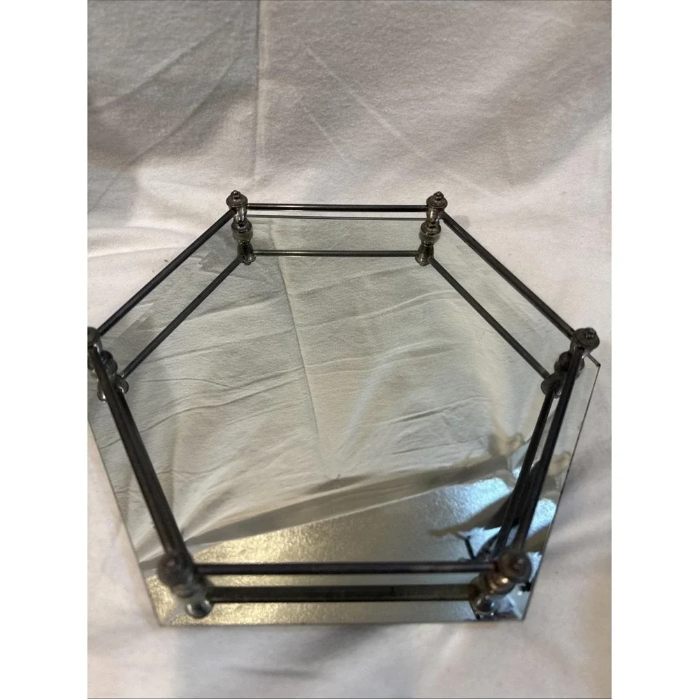 Vintage Hexagon (6 Sided) Vanity Tray Beveled‎ Edge Mirrored Brass 12